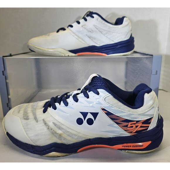 Yonex Unisex White/Navy Blue/Neon Orange Badminton Power Cushion 57  Sneakers - Picture 1 of 16